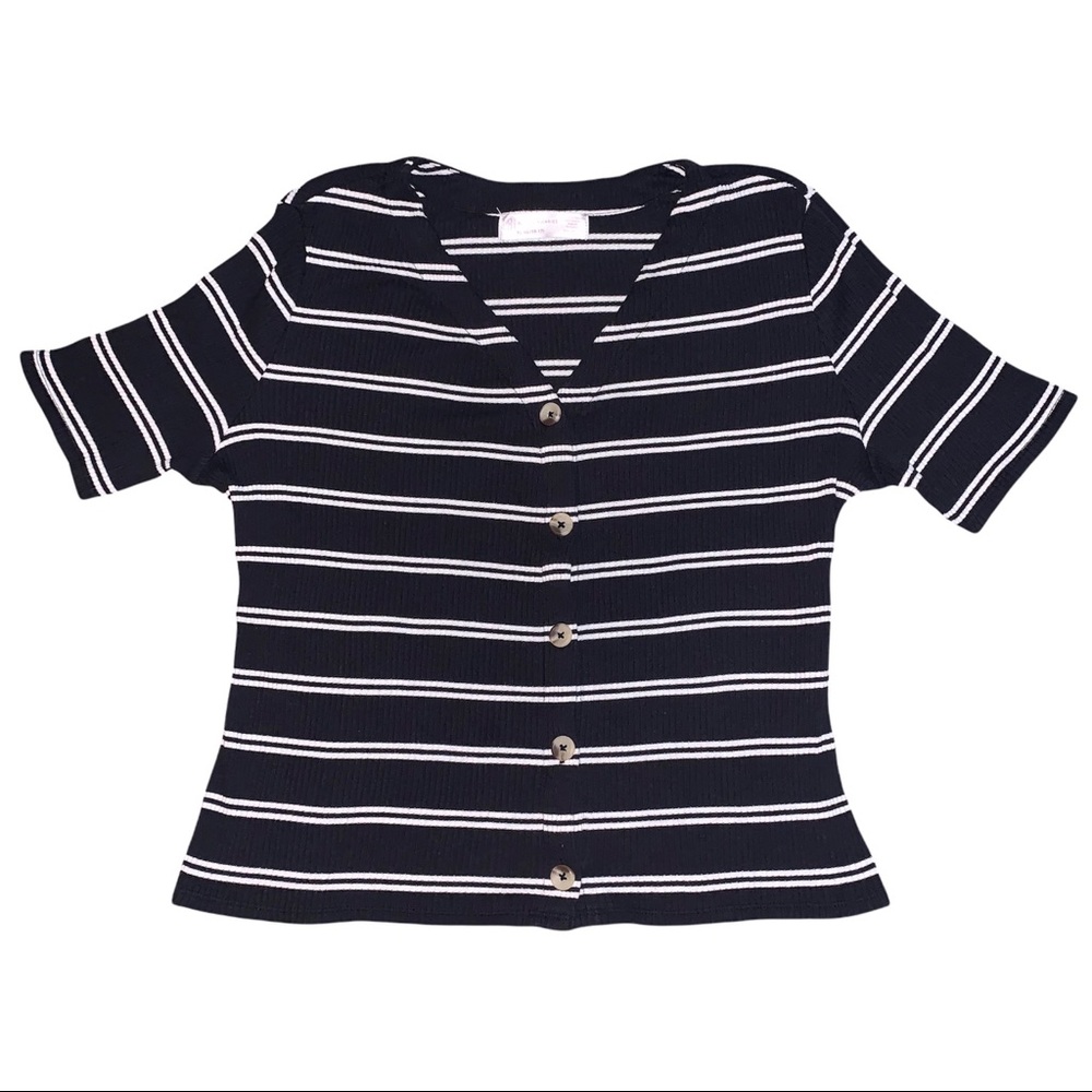 Black & White Striped Ribbed Button Up Top